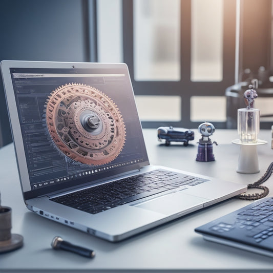 A futuristic, minimalist illustration of a laptop surrounded by gears, cogs, and robots, with a subtle e-commerce background, conveying efficiency and streamlined online sales operations.