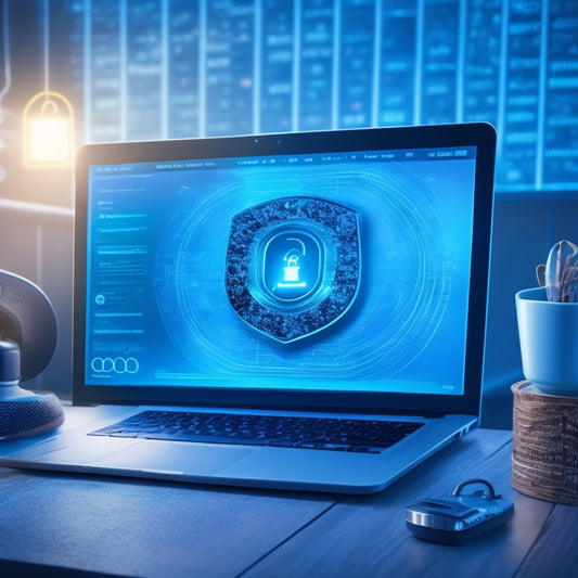 An illustration of a secure digital download process, featuring a stylized ecommerce website on a laptop screen, with a padlock icon and a downward-facing arrow, surrounded by swirling digital patterns and shield icons.