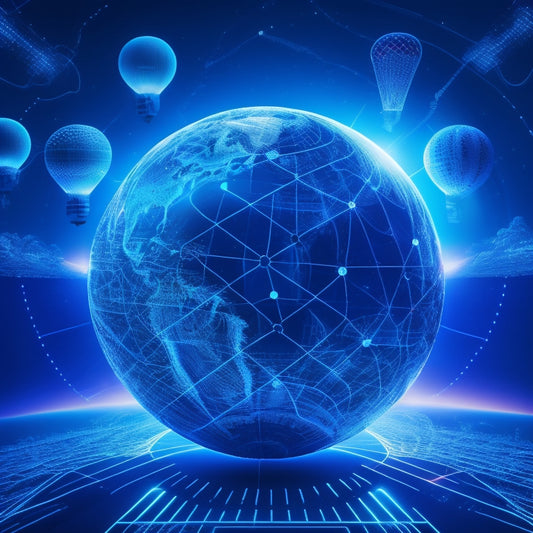 A stylized globe with glowing blue lines and nodes, surrounded by various e-commerce icons (shopping carts, payment symbols, etc.) orbiting around it, with subtle circuit board patterns in the background.