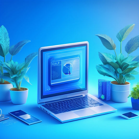 A stylized illustration of a laptop with a growing plant emerging from the screen, surrounded by digital icons of certificates, trophies, and money symbols, set against a bright blue background with subtle gradient effects.