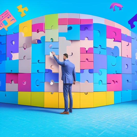 An illustration of a person standing in front of a giant puzzle, with e-commerce platforms represented as puzzle pieces in various shapes and sizes, fitting together seamlessly.