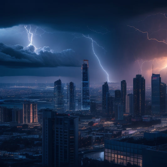 A darkened cityscape at dusk with neon-lit computer screens and wires visible through skyscraper windows, surrounded by ominous storm clouds and flashes of lightning.