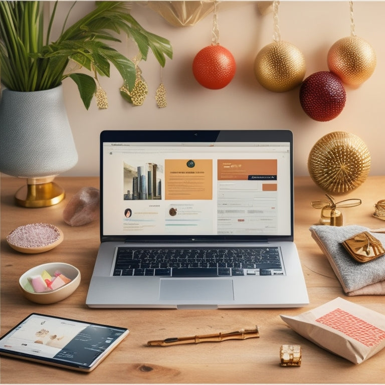 A stylized illustration of a laptop with a Pinterest dashboard open, surrounded by shopping bags, products, and confetti, with a subtle background of a growing graph or chart.