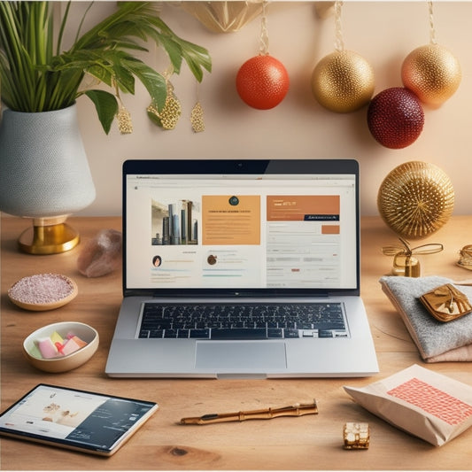 A stylized illustration of a laptop with a Pinterest dashboard open, surrounded by shopping bags, products, and confetti, with a subtle background of a growing graph or chart.