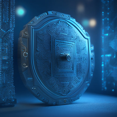 A shield with a circuit board pattern, surrounded by tiny locks and gears, with a faint glow of blue light emanating from within, set against a dark, gradient background with subtle digital noise.