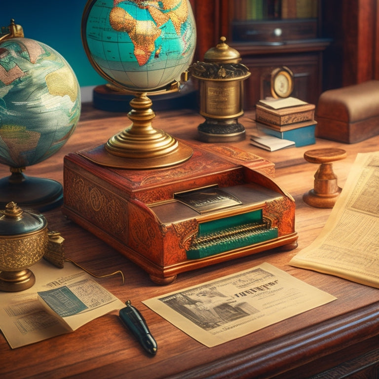 A stylized, modern illustration of a merchant's desk, featuring a vintage-style cash register, a globe, and a few scattered papers with merchant-themed icons, set against a warm, earthy background.