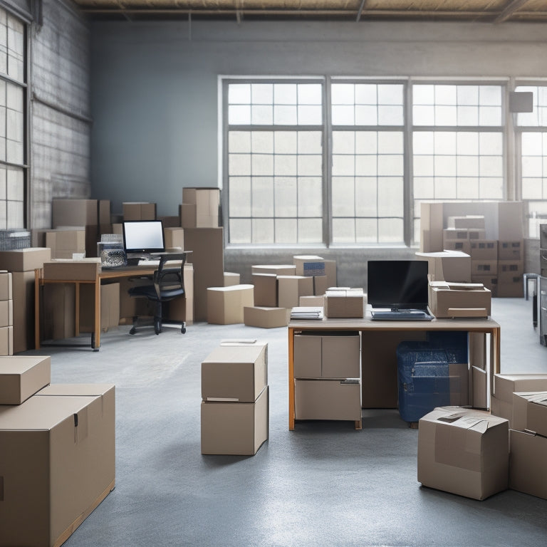 A simplified, modern warehouse scene with a few neatly stacked boxes, a minimalist desk with a single laptop and a small printer, and a subtle background of shipping labels and packages.