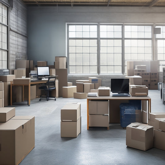 A simplified, modern warehouse scene with a few neatly stacked boxes, a minimalist desk with a single laptop and a small printer, and a subtle background of shipping labels and packages.