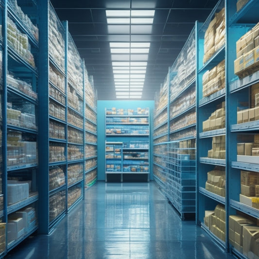 A futuristic warehouse with rows of shelves, each stacked with various products, and a giant tablet in the center displaying a 3D shelf layout with colorful, swirling inventory management graphs.