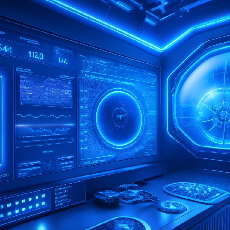 A futuristic dashboard with holographic screens displaying merchant portal features, surrounded by orbiting gears, circuits, and glowing blue lines, set against a dark, gradient blue background.