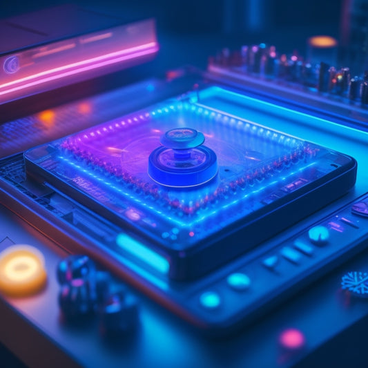 A futuristic, neon-lit background with a large, 3D, glowing blue button in the center, surrounded by smaller, colorful buttons of various shapes and sizes, with subtle digital sparks flying around.