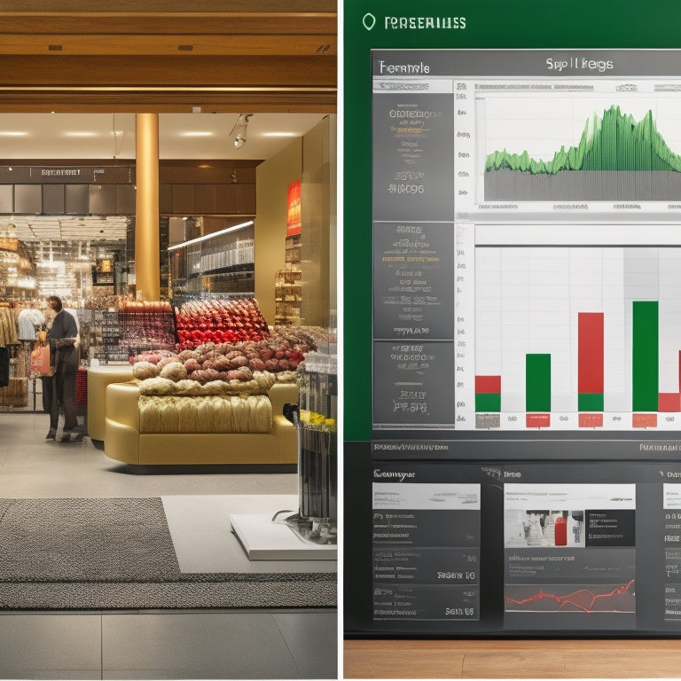 A split-screen image with a retail storefront on one side and a data dashboard on the other, featuring a mix of green and red graphs, charts, and gauges with subtle shopping bag and currency symbols.