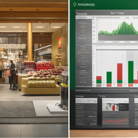 A split-screen image with a retail storefront on one side and a data dashboard on the other, featuring a mix of green and red graphs, charts, and gauges with subtle shopping bag and currency symbols.