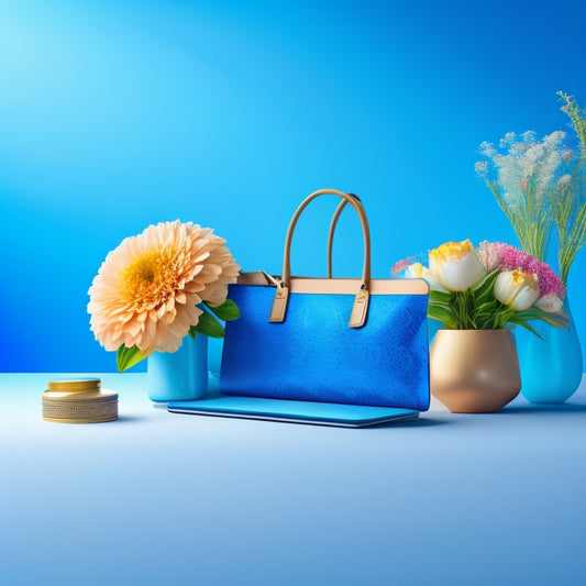 A stylized illustration of a laptop with a blooming flower growing out of the screen, surrounded by shopping bags, credit cards, and mobile devices, set against a bright blue background with subtle commerce icons.