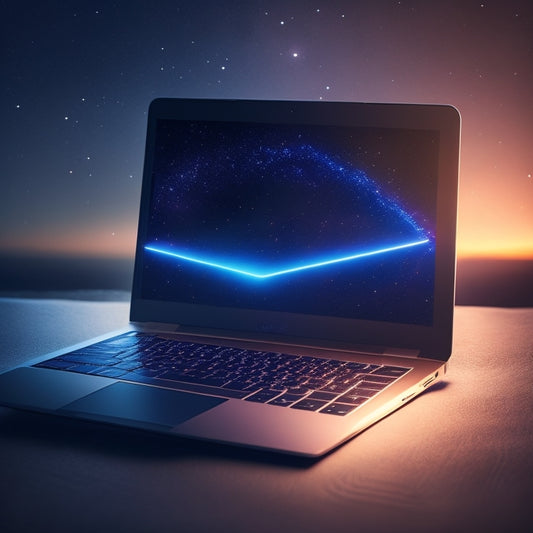A futuristic, minimalist illustration of a laptop with a glowing, pulsing aura surrounding it, set against a dark blue background with subtle, shimmering stars and a subtle, curved arrow pointing upwards.