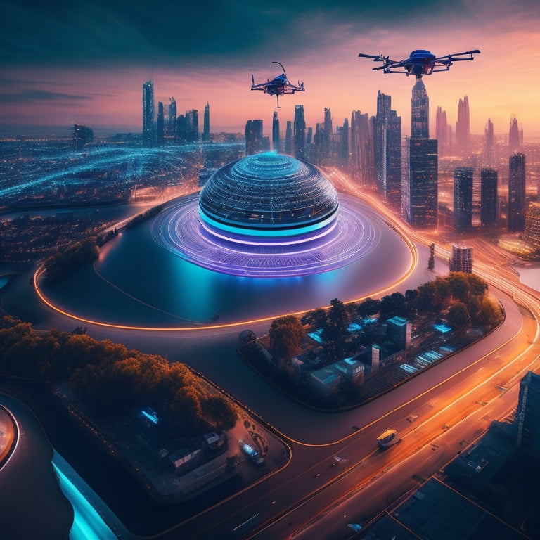 A futuristic e-commerce landscape with a stylized online store in the center, surrounded by swirling digital lines and nodes, with robots and drones in the background, amidst a subtle cityscape at dusk.