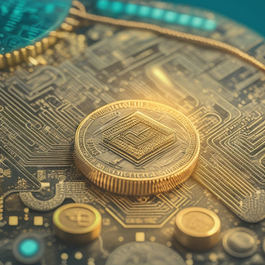 A stylized illustration of a digital download icon (arrow pointing downwards) surrounded by ascending coins, with a subtle background of coding lines and circuit boards, conveying technological innovation and financial growth.