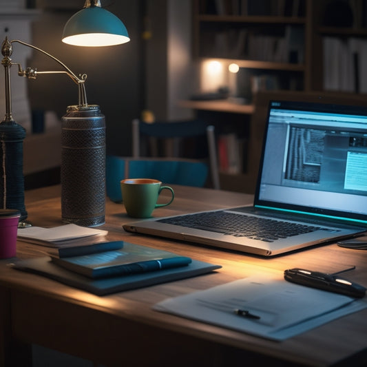 A desk with a laptop, surrounded by scattered papers, colorful pens, and a half-finished manuscript, with a subtle glow effect around the laptop screen, symbolizing creative writing and digital publishing.