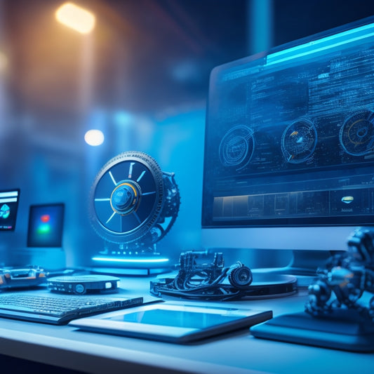 A futuristic dashboard with interconnected gears, robots, and clockwork mechanisms in the background, surrounded by icons of laptops, tablets, and smartphones displaying online course platforms.