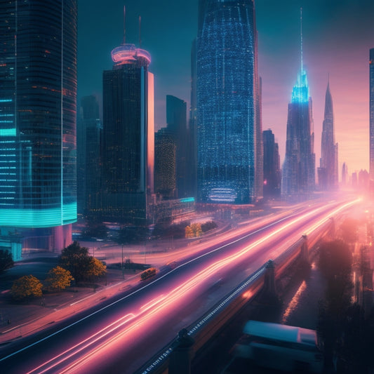 A futuristic, high-tech cityscape at dusk with sleek skyscrapers, neon lights, and a giant, glowing payment processing chip embedded in the center of a main street.