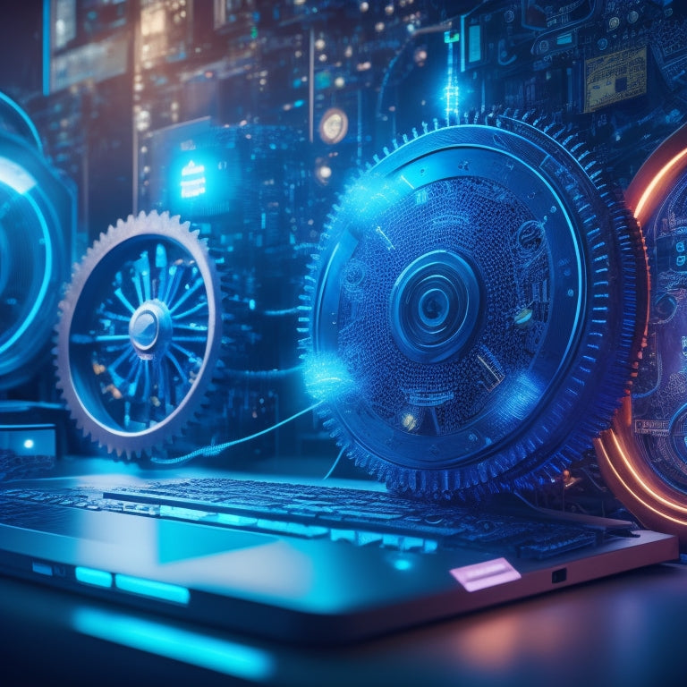 An intricate gears mechanism with glowing blue lights, surrounded by orbiting icons of laptops, smartphones, and tablets, set against a dark gradient background with subtle digital circuit patterns.