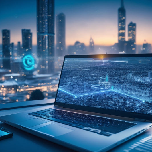 A futuristic, minimalist illustration featuring a laptop with a glowing screen, surrounded by connected nodes and gears, amidst a subtle cityscape background, symbolizing entrepreneurial growth and online learning.