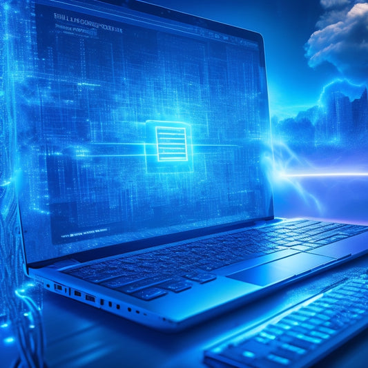 A futuristic, metallic key unlocking a sleek, modern laptop, with glowing blue circuits and wires bursting out of the screen, surrounded by swirling clouds of code and 1s and 0s.