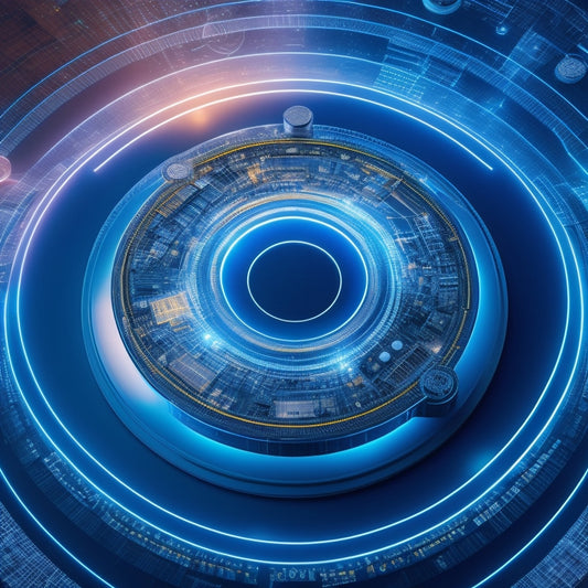 A futuristic, glowing circle surrounded by orbiting shopping bags, laptops, and smartphones, with subtle circuit board patterns in the background, conveying innovation and digital transformation in e-commerce.