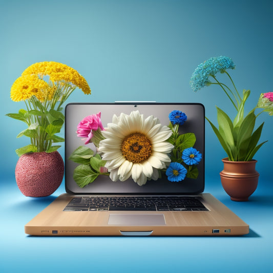 A stylized, symmetrical illustration of a laptop with a blooming flower or growing vine emerging from the screen, surrounded by subtle ecommerce icons like shopping carts and credit cards.