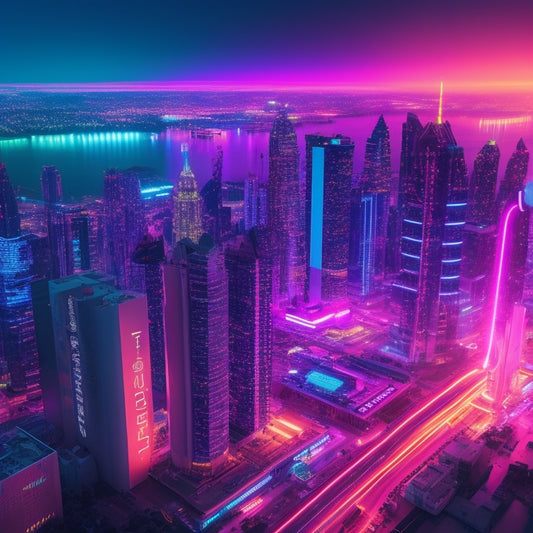 A futuristic, neon-lit cityscape at dusk, with sleek skyscrapers and holographic advertisements, featuring a giant, glowing payment processing chip at the center, surrounded by orbiting cryptocurrency symbols.