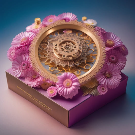 An illustration of a blooming flower with petals shaped like customer profiles, surrounded by interconnected gears and cogs, with a subtle ecommerce packaging and shipping elements in the background.