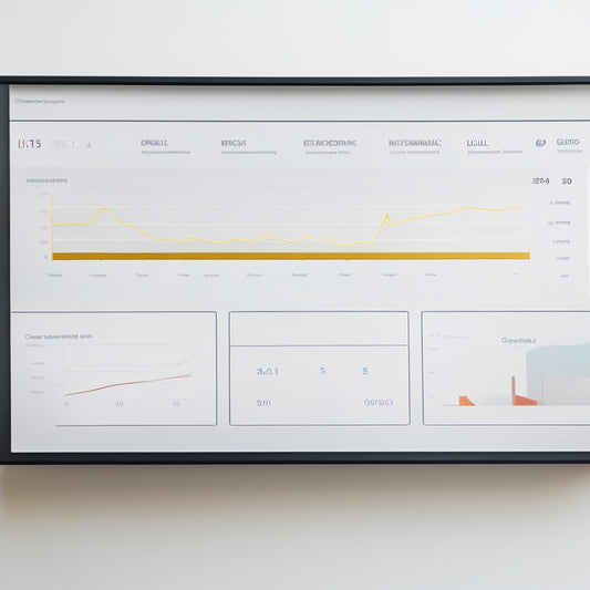 A minimalist dashboard with gauges, charts, and graphs displaying various ecommerce metrics, set against a clean white background with subtle grid lines and a faint digital product icon in the corner.
