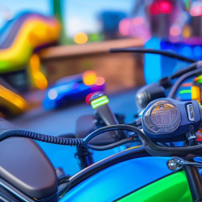 A close-up of a motorcycle's handlebars with a sleek, modern Bluetooth receiver mounted, surrounded by tangled wires transformed into organized, color-coded connections, with a subtle blurred motorcycle road scene in the background.