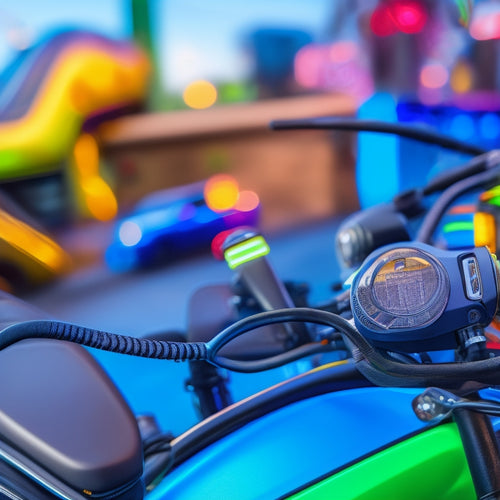 A close-up of a motorcycle's handlebars with a sleek, modern Bluetooth receiver mounted, surrounded by tangled wires transformed into organized, color-coded connections, with a subtle blurred motorcycle road scene in the background.