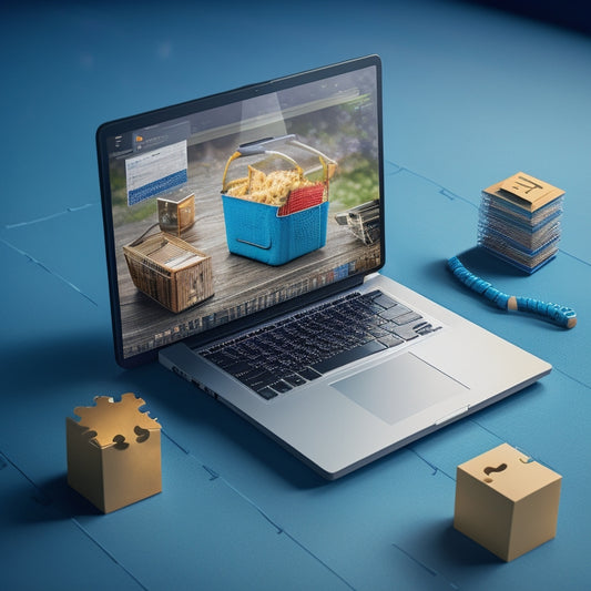 An illustration of a laptop with a shopping cart icon on the screen, surrounded by puzzle pieces fitting together, with a subtle background of digital codes and faint e-commerce icons.