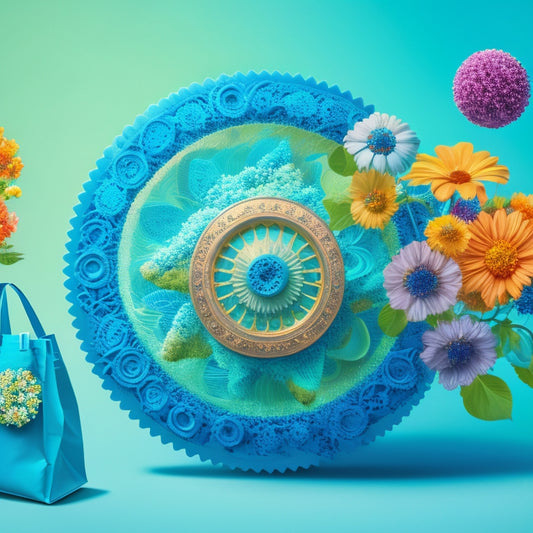 An abstract illustration featuring interconnected gears, spiraling upward, surrounded by blooming flowers, and subtle shopping bag silhouettes, set against a gradient background transitioning from blue to green.