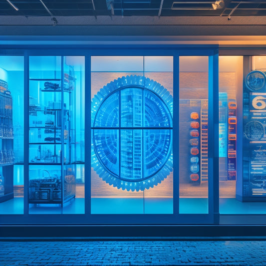 An abstract illustration of a storefront evolving from a traditional brick-and-mortar to a modern e-commerce platform, with gears, circuits, and digital codes merging in the background.