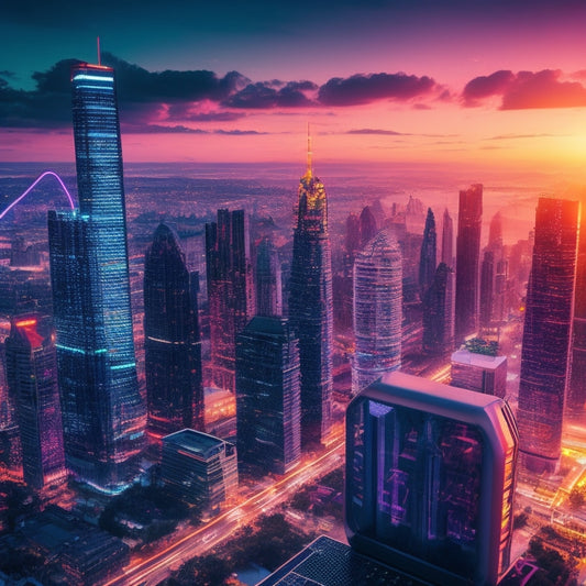 A futuristic cityscape at sunset with sleek skyscrapers and neon lights, featuring a giant smartphone or tablet with a glowing screen displaying a labyrinth of interconnected digital products.