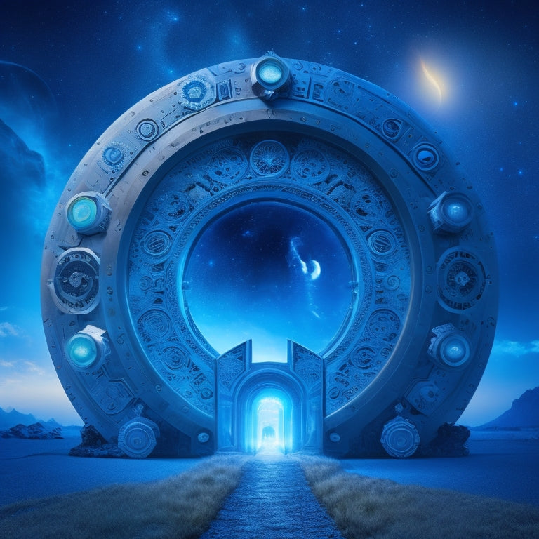 A stylized, futuristic gateway with glowing blue arches, surrounded by orbiting gears and cogs, with a subtle Joomla! logo embedded in the center, set against a dark, starry night sky.