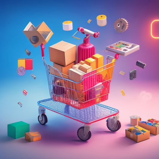 An illustration of a efficient ecommerce support system, depicting a robotic arm sorting colorful packages, with gears and cogs in the background, surrounded by various ecommerce icons, such as shopping carts and chat bubbles.