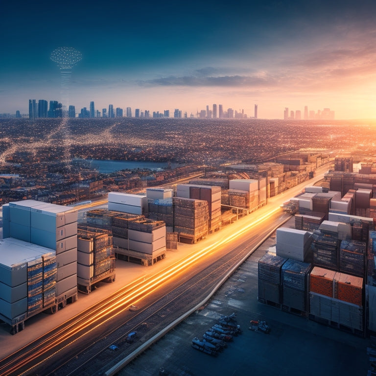A futuristic ecommerce landscape with a cityscape of warehouses and fulfillment centers in the background, with interconnected gears and cogs forming a network of inventory management and shipping logistics.
