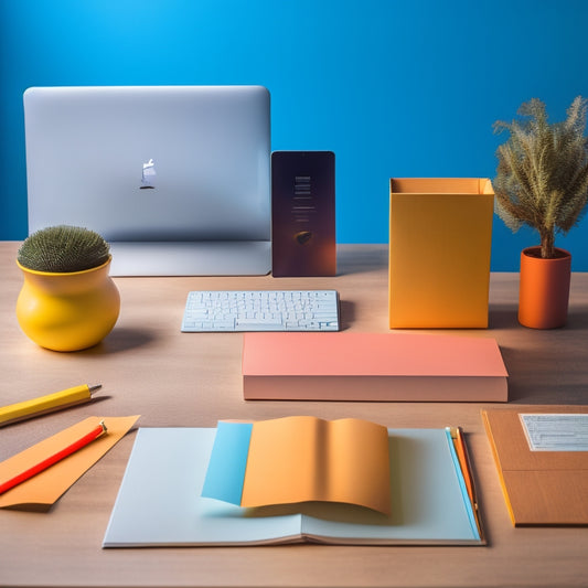 A minimalist desk setup with a laptop, a few colorful pens, and a stack of blank thank-you cards with a subtle background of a small business's products or packaging.