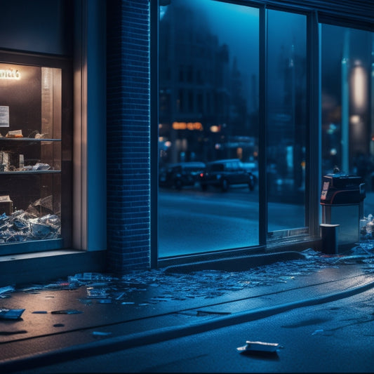 A shattered storefront window with a broken cash register and scattered money, surrounded by torn security tags and discarded merchandise, set against a dark and ominous cityscape at dusk.
