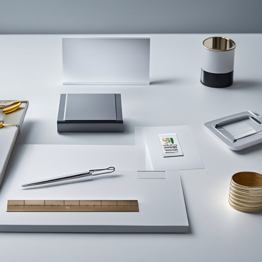 A minimalist desk scene with a sleek, silver business card holder, a few freshly printed business cards with crisp, white paper and vibrant, metallic ink, alongside a designer's tools: a ruler, pencil, and scissors.