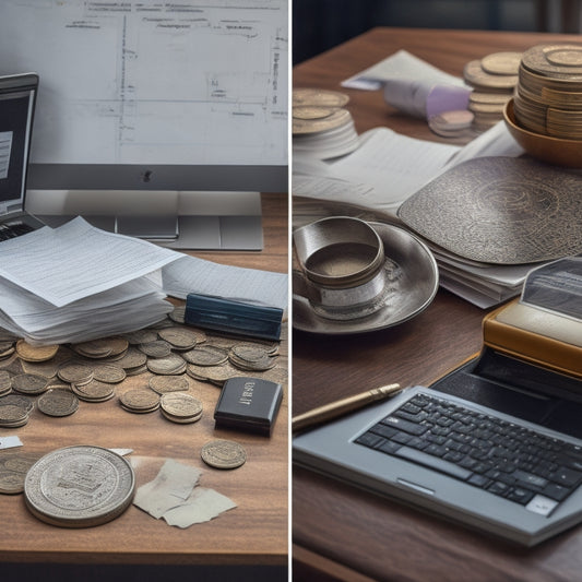 A split-screen image featuring a cluttered, disorganized desk on one side, with scattered papers, coins, and a broken calculator, and a tidy, modern workspace on the other, with a laptop, a neat notebook, and a few stacks of organized coins.