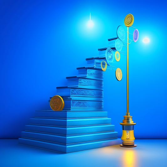 An illustration of a staircase with each step representing a different pricing tier, with ascending arrows and coins, surrounded by lightbulbs and gears, set against a bright blue background.