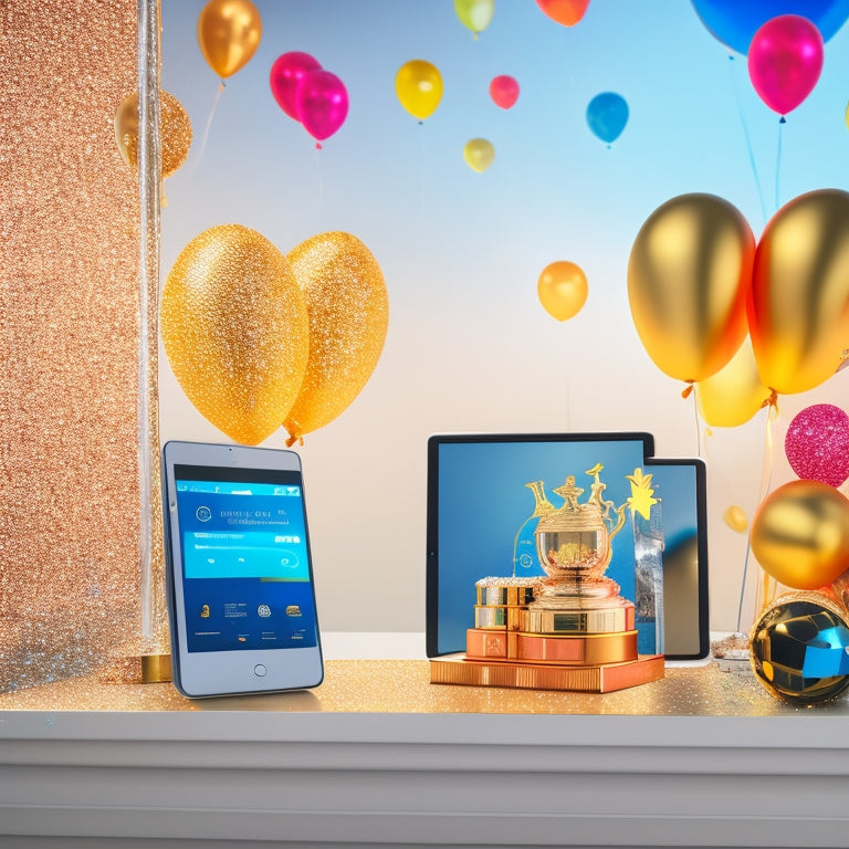 A golden trophy surrounded by confetti and balloons, with a tablet and smartphone in the background, displaying a rewards dashboard with icons of gift cards, badges, and discounts.