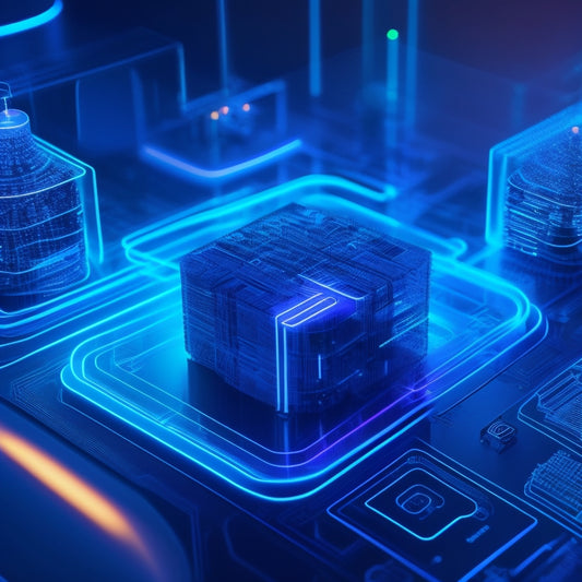 A futuristic e-commerce landscape with glowing blue circuits and neon-lit product icons, surrounded by abstract shapes and swirling digital patterns, set against a dark gradient background.