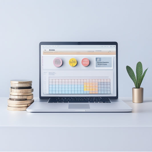 A minimalist illustration of a laptop displaying an Etsy storefront with various digital download icons (e.g., printable art, templates, and eBooks) surrounded by stacks of money and growing profit charts.