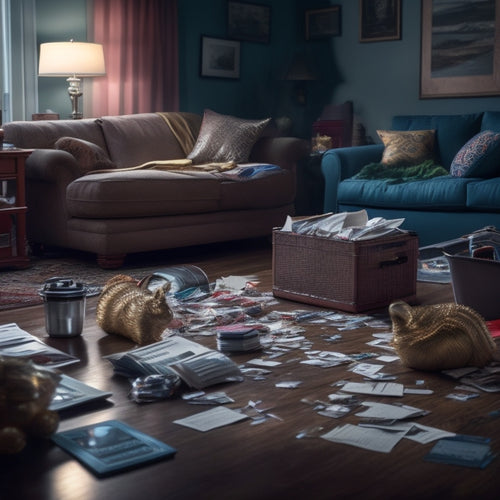 A cluttered, dimly lit American living room with scattered bills, receipts, and credit card statements, surrounded by subtle hints of frustration and chaos, like an overturned trash can and a broken piggy bank.